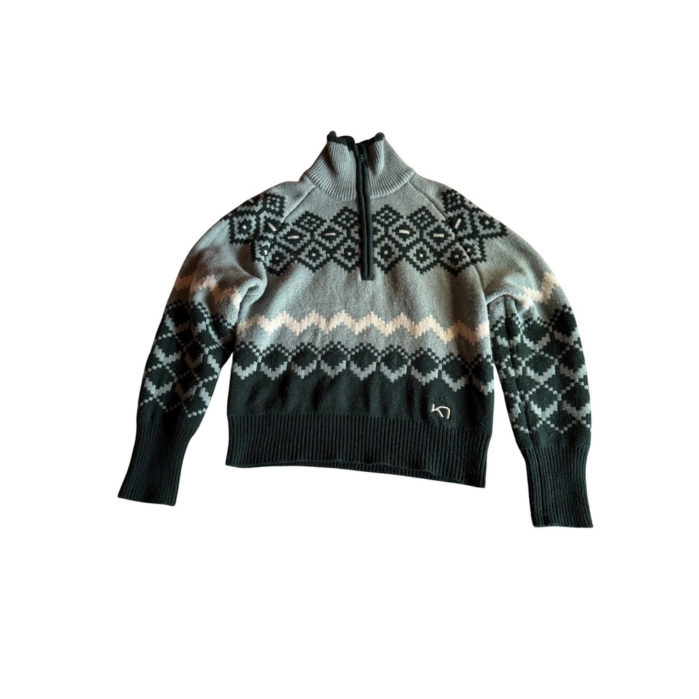 Kari Traa Agnes Knit Sweater Half Zip Wool Blend Womens M Blue Teal Fair Isle